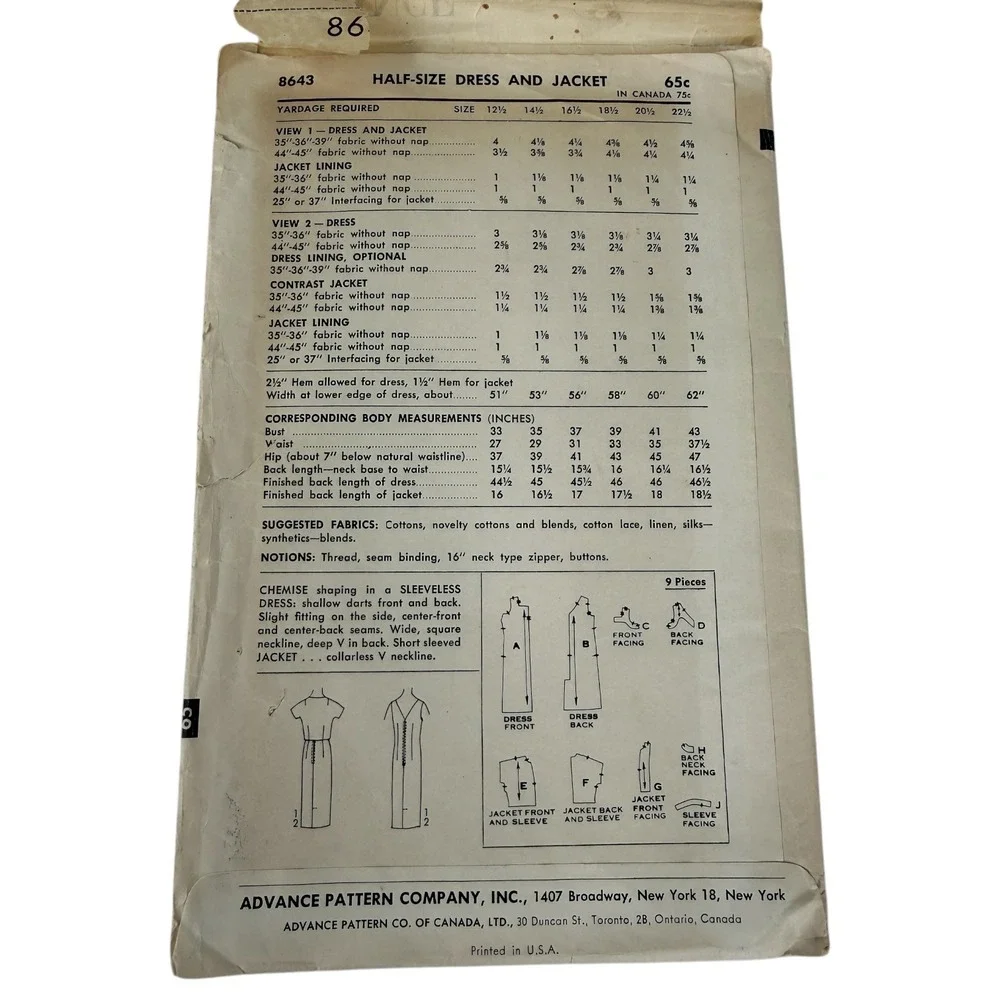 50s Advance Sewing Pattern 8643 Sleeveless Straight Dress & Jacket Size 14.5 VTG